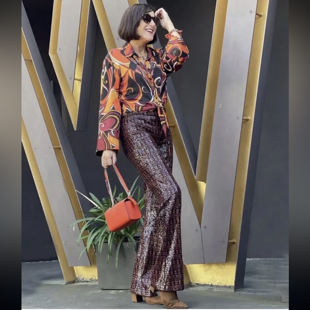 Zara Brown Orange Sequin Flare Trousers Pants NEW